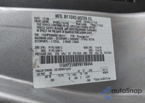 2009 Ford Focus Se из США, поврежденный, VIN 1FAHP35N89W198444